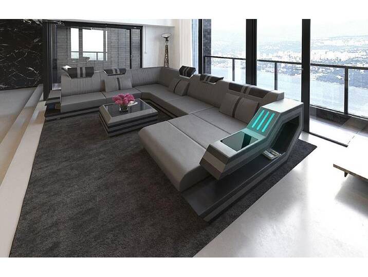 Sofa Dreams Wohnlandschaft Sofa Leder Ledercouch Ravenna XXL U Form Ledersofa, Couch, mit LED, Designersofa, grau schwarz von sofa-dreams