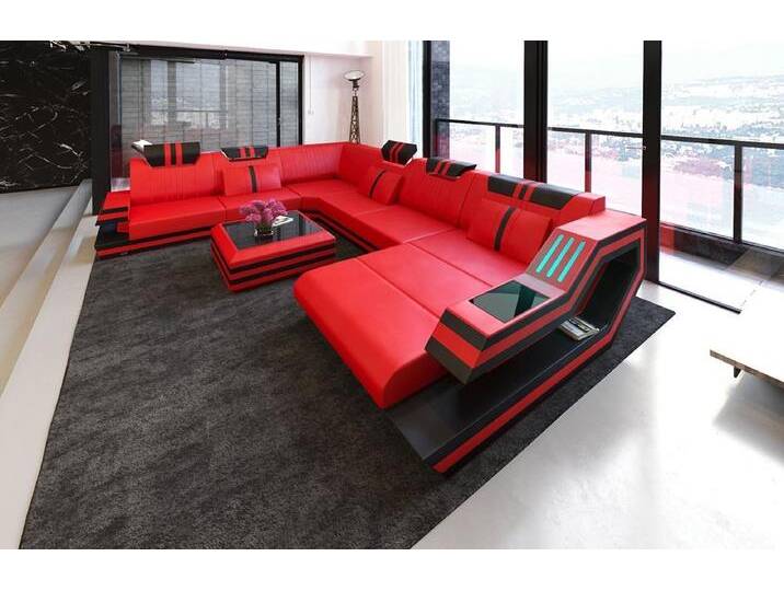 Sofa Dreams Wohnlandschaft Sofa Leder Ledercouch Ravenna XXL U Form Ledersofa, Couch, mit LED, Designersofa, rot schwarz von sofa-dreams