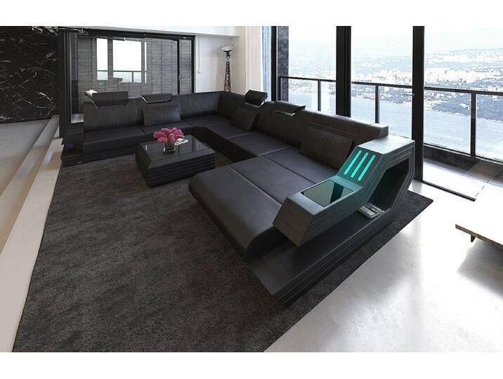 Sofa Dreams Wohnlandschaft Sofa Leder Ledercouch Ravenna XXL U Form Ledersofa, Couch, mit LED, Designersofa, schwarz von sofa-dreams