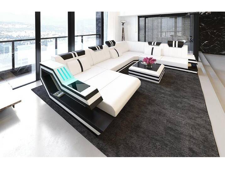 Sofa Dreams Wohnlandschaft Sofa Leder Ledercouch Ravenna XXL U Form Ledersofa, Couch, mit LED, Designersofa, schwarz weiß von sofa-dreams