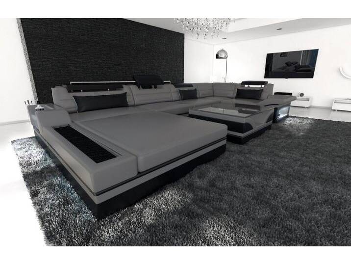Sofa Dreams Wohnlandschaft Sofa Leder Mezzo U Form Ledersofa, Couch, mit LED, Designersofa, grau schwarz, Ohne Bettfunktion-RGB-LED-Beleuchtung von sofa-dreams