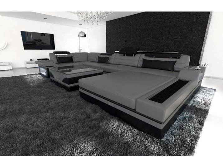 Sofa Dreams Wohnlandschaft Sofa Leder Mezzo U Form Ledersofa, Couch, mit LED, Designersofa, grau schwarz, Ohne Bettfunktion-RGB-LED-Beleuchtung von sofa-dreams