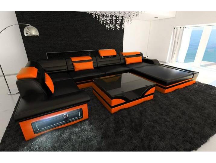 Sofa Dreams Wohnlandschaft Sofa Leder Mezzo U Form Ledersofa, Couch, mit LED, Designersofa, orange schwarz, Mit Bettfunktion-RGB-LED-Beleuchtung von sofa-dreams