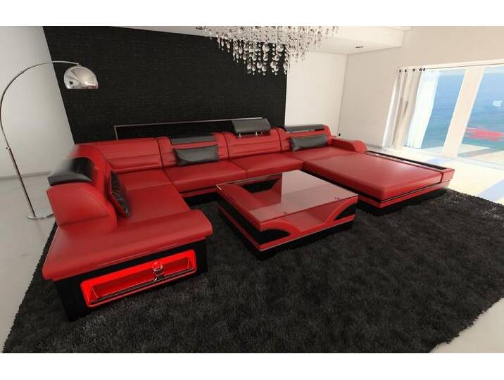 Sofa Dreams Wohnlandschaft Sofa Leder Mezzo U Form Ledersofa, Couch, mit LED, Designersofa, rot schwarz, Mit Bettfunktion-RGB-LED-Beleuchtung von sofa-dreams