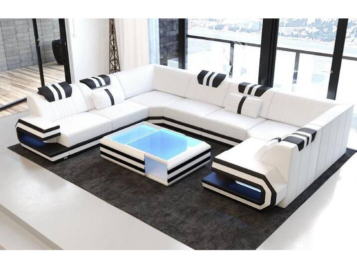 Sofa Dreams Wohnlandschaft Sofa Ledercouch Leder Ragusa U Form Ledersofa, Couch, mit LED, Designersofa, schwarz weiß, Links - vor dem Sofa stehend von sofa-dreams