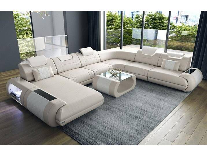 Sofa Dreams Wohnlandschaft Sofa Ledercouch Leder Rimini XXL U Form Ledersofa, Couch, mit LED, Designersofa, beige gelb von sofa-dreams