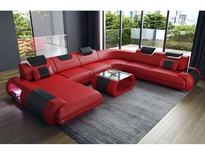 Sofa Dreams Wohnlandschaft Sofa Ledercouch Leder Rimini XXL U Form Ledersofa, Couch, mit LED, Designersofa, rot schwarz von sofa-dreams