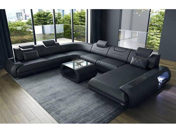 Sofa Dreams Wohnlandschaft Sofa Ledercouch Leder Rimini XXL U Form Ledersofa, Couch, mit LED, Designersofa, schwarz von sofa-dreams