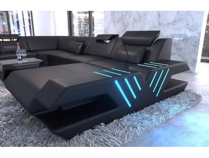 Sofa Dreams Wohnlandschaft Sofa Ledercouch Leder Venedig XXL U Form Ledersofa, Couch, mit LED, Designersofa, schwarz von sofa-dreams