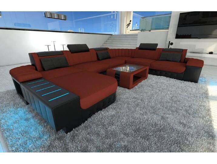 Sofa Dreams Wohnlandschaft Stoff Polster Sofa Couch Bellagio XXL U Form Stoff Sofa, mit LED, Designersofa, rot schwarz von sofa-dreams