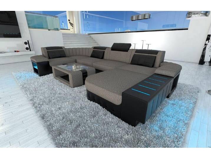 Sofa Dreams Wohnlandschaft Stoffsofa Couch Bellagio U Form Stoff Polster Sofa, mit LED, Designersofa, grau schwarz von sofa-dreams