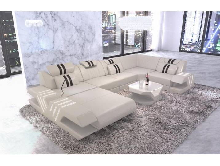 Sofa Dreams Wohnlandschaft Venedig U Form Leder, Couch, mit LED, Designersofa, beige gelb schwarz, Ohne Bettfunktion, beige-schwarz von sofa-dreams