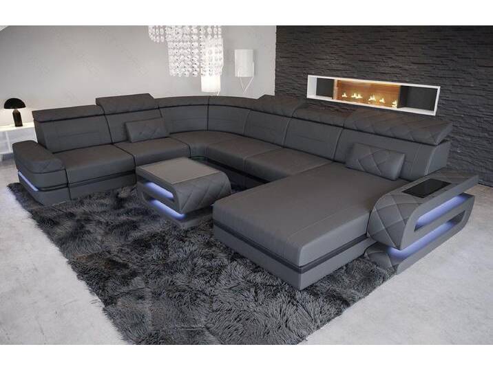 Sofa Dreams Wohnlandschaft XXL Ledersofa Bologna U Form Mini, Designersofa, Sofa mit Licht und USB, grau schwarz, Grau-Schwarz von sofa-dreams