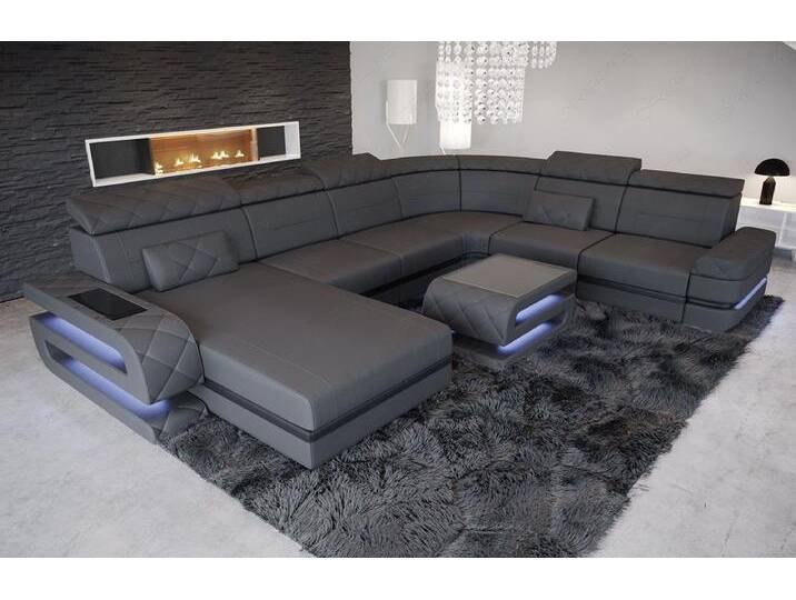Sofa Dreams Wohnlandschaft XXL Ledersofa Bologna U Form Mini, Designersofa, Sofa mit Licht und USB, grau schwarz, Grau-Schwarz von sofa-dreams
