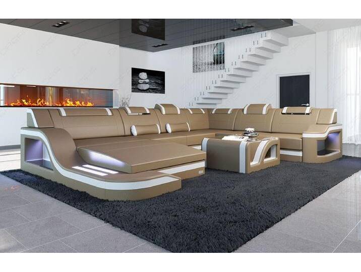 Sofa Dreams Wohnlandschaft XXL Ledersofa Palermo U Form Mini, Designersofa, Couch mit LED Licht und USB Anschluss, beige, Sandbeige-Weiss von sofa-dreams