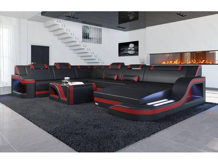 Sofa Dreams Wohnlandschaft XXL Ledersofa Palermo U Form Mini, Designersofa, Couch mit LED Licht und USB Anschluss, rot schwarz, Schwarz-Rot von sofa-dreams