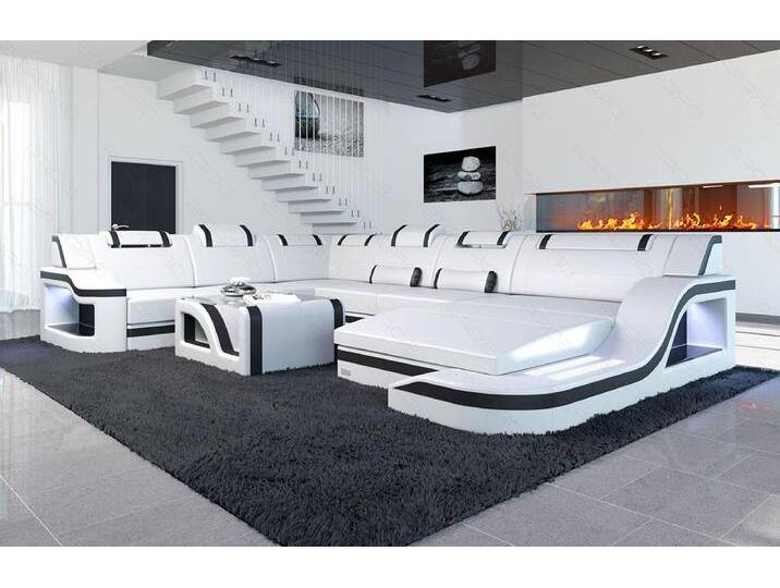 Sofa Dreams Wohnlandschaft XXL Ledersofa Palermo U Form Mini, Designersofa, Couch mit LED Licht und USB Anschluss, schwarz weiß, Weiss-Schwarz von sofa-dreams