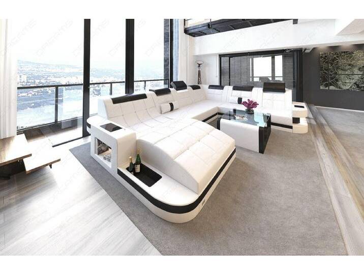 Sofa Dreams Wohnlandschaft XXL Ledersofa Wave U Form Mini, Designersofa, schwarz weiß, Weiss-Schwarz von sofa-dreams