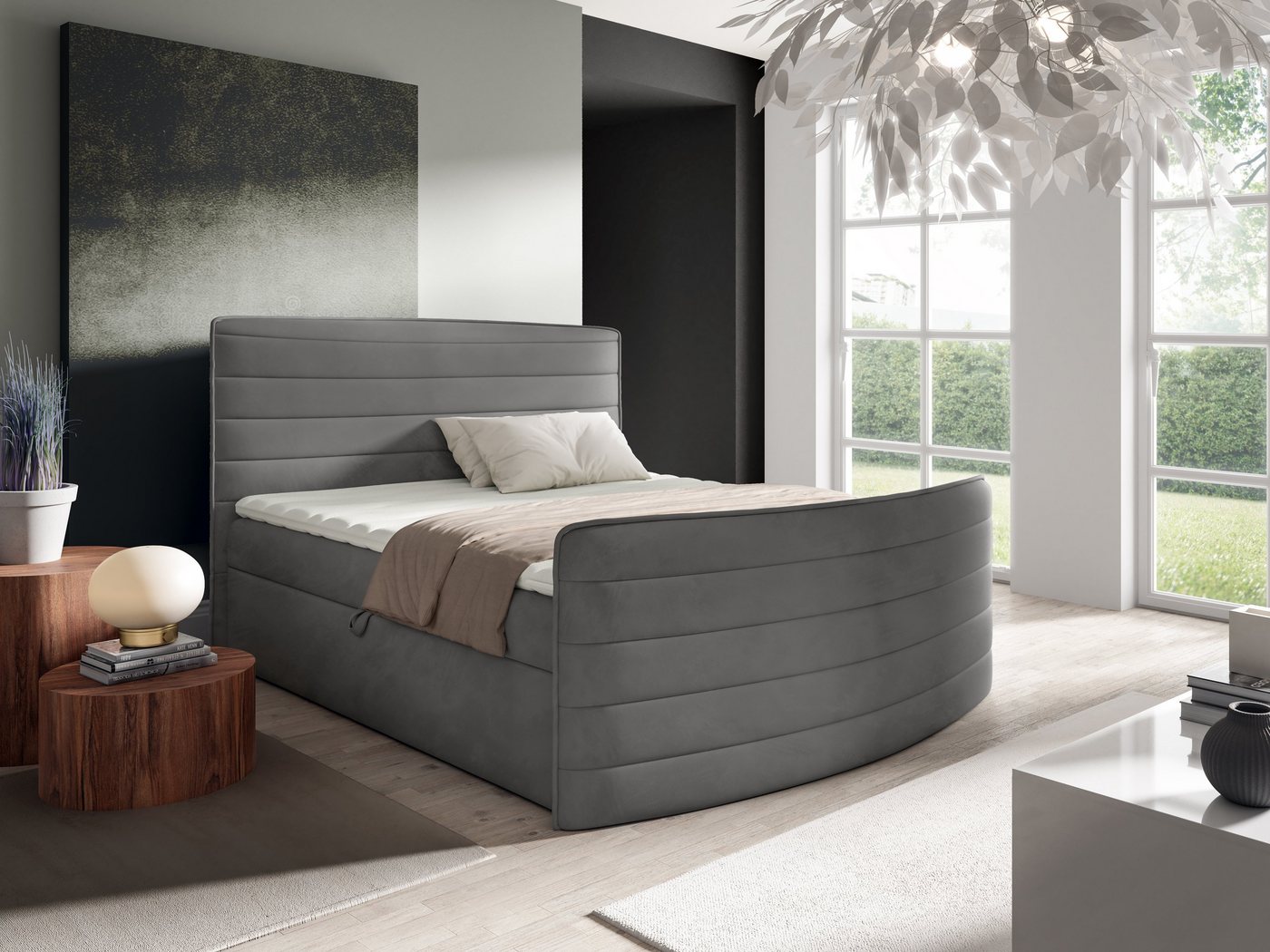 AN-MOEBEL4U Boxspringbett CLEO in Velourstoff inkl. Bettkästen, Bonellmatratze und Topper (pro Set vier Packstücke), mit seitliche öffnenden Bettkasten, inklusive Matratze und Topper von AN-MOEBEL4U