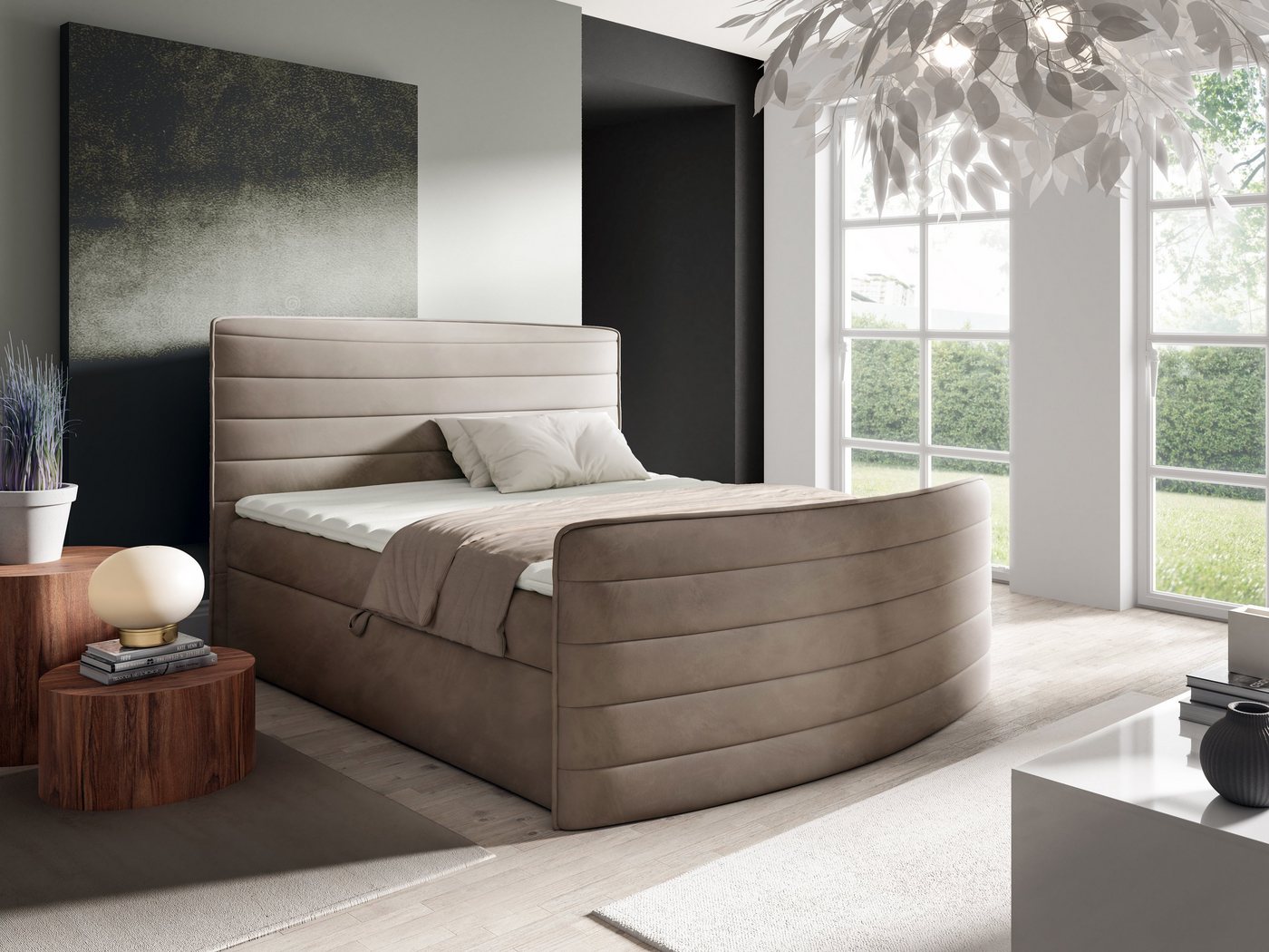 AN-MOEBEL4U Boxspringbett CLEO in Velourstoff inkl. Bettkästen, Bonellmatratze und Topper (pro Set vier Packstücke), mit seitliche öffnenden Bettkasten, inklusive Matratze und Topper von AN-MOEBEL4U