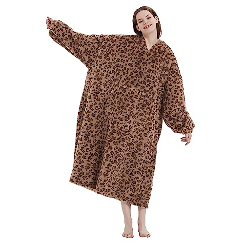 Decke Hoodie, extra Lange tragbare Decke für Erwachsene Frauen und Männer Geschenke, warmes und kuscheliges Kapuzen-Sweatshirt, braunes Gepardenmuster Kunstpelz-Sweatshirt Decke mit großer Tasche von softan