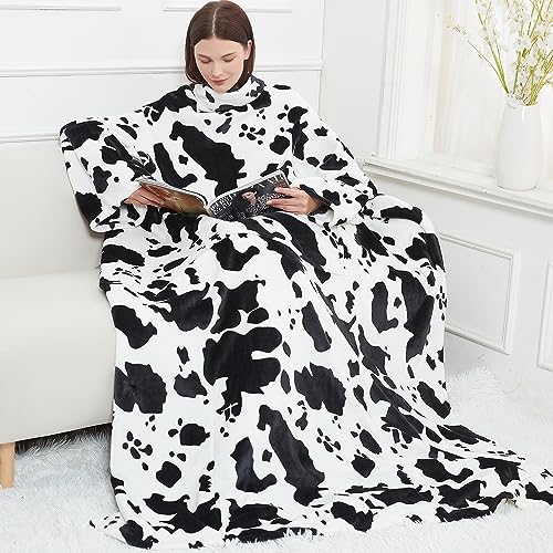 Kuschelige Decke mit Ärmeln & Fußtasche für Erwachsene Frauen Männer, leichte weiche Plüsch TV-Decke Wrap Throw mit Ärmeln und verstellbarem Klettverschluss Aufkleber 130X186CM (Schwarz-Weiß-Kuh) von softan