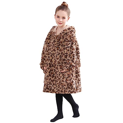 Wearable Blanket Hoodie für Kinder Kleinkinder, kuschelig warm und weich mit Kapuze Sweatshirt mit großer Tasche, braun Gepard Druck Kunstpelz niedlichen Hoodies für Kinder 2-6 Jahre alt Geschenke von softan