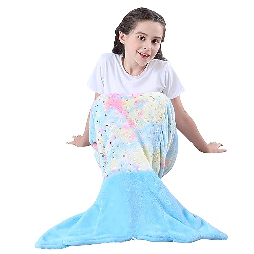 softan Kinder Meerjungfrau Schwanz Decken, Flanell Fleece Meerjungfrau Schwanz Decke mit Silber glänzenden Sternen Design, kleine Meerjungfrau Geschenke für Mädchen - 100 x 43 cm von softan