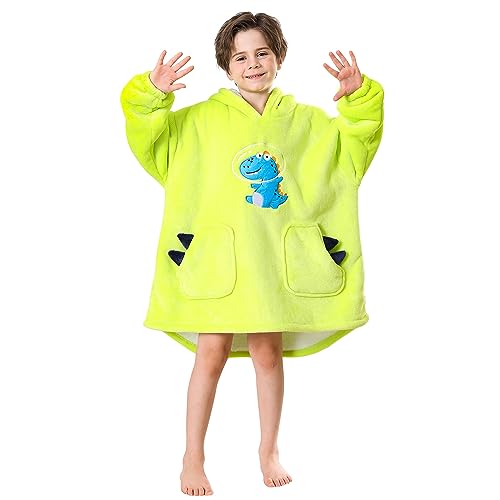 softan Wearable Blanket Hoodie für Kinder, superwarme und kuschelige Plüsch-Sherpa-Flanell-Decke mit Kapuze und Riesentasche, Jungen und Mädchen, Einheitsgröße, Fluoreszierendes Grün von softan