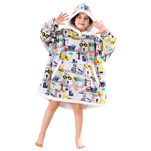 softan Wearable Blanket Hoodie für Kinder, superwarme und weiche Sherpa-Flanell-Sweatshirt-Decke mit Riesentasche, Kapuzen-Decke für 6-10 Jahre alte Jungen-Geschenke, Bauwagen von softan