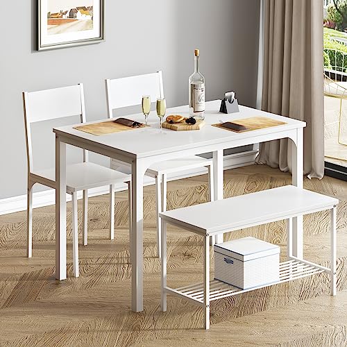 soges 4 Personen Esstisch-Set Essgruppen 110cm Küchentisch-Set für 4 Personen, 2 Stühle mit Rückenlehne, 2-Personen-Bank mit Aufbewahrungsregal, Nesting-Möbel-Set für Esszimmer,Weiß von soges