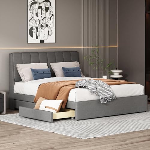 soges Gepolstertes Bett aus grauem Leinen, 140 x 200 cm, Doppelbett mit 4 Schubladen, gepolstertes Kopfteil und Lattenrost (ohne Matratze) von soges