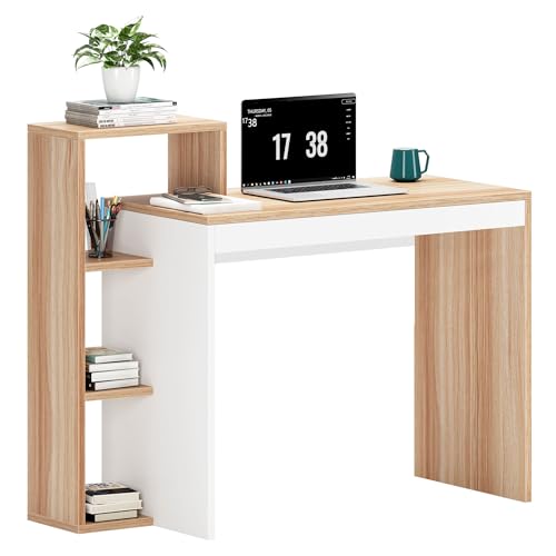 soges Schreibtisch Kleiner Schreibtisch All-Board-Design Arbeitstisch aus Holzwerstoff mit Regalen für Bücher Unterlagen Bonsai Pflanzen, Weiß/Schwarz,110 x 40 x 91 cm. von soges