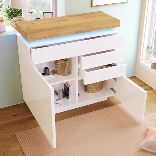soges Sideboard mit LED-Beleuchtung Anrichte mit Hochglanz-Oberfläche Sideboard LED-Kommode-mit 3 Schubladen und 2 Türen für Wohnzimmer und Schlafzimmer, 110 x 39 x 115 cm, Weiß von soges