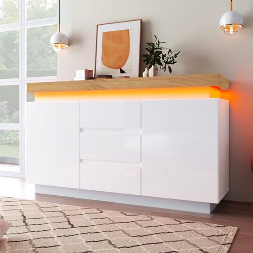 soges Sideboard mit LED-Beleuchtung Anrichte mit Hochglanz-Oberfläche Sideboard LED-Kommode-mit 3 Schubladen und 2 Türen für Wohnzimmer und Schlafzimmer, 81 x 140 x 39 cm, Weiß von soges
