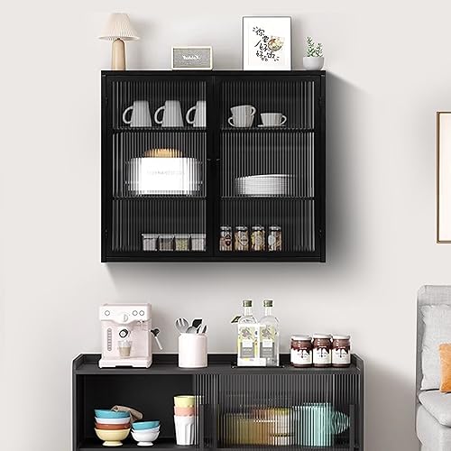 soges Wandschrank Vitrine Hängevitrine Hängeschrank Wandvitrine mit Glastüren, 3-stufiger Stauraum, Aufbewahrungsschrank für Flur, Wohnzimmer, Badezimmer oder Esszimmer, Schwarz von soges