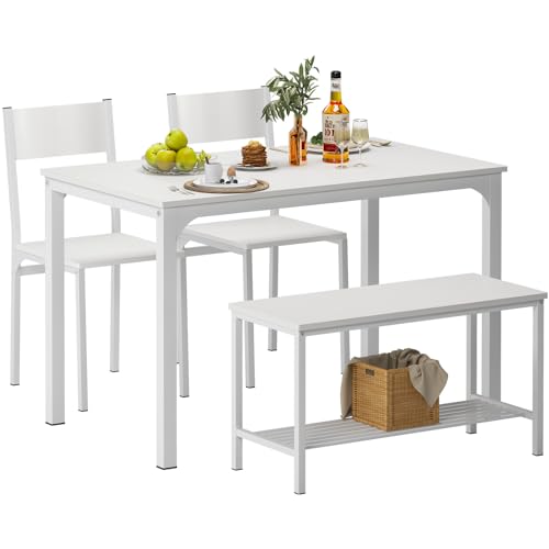 sogesfurniture Essgruppe 4-teilig, mit Esstisch 110 * 70 * 76cm, 2 Stühlen, eine Sitzbank in Metallgestell, Rechteckig Küchentisch-Set mit Ablagefläche für Wohnzimmer, Esszimmer, Weiß von sogesfurniture