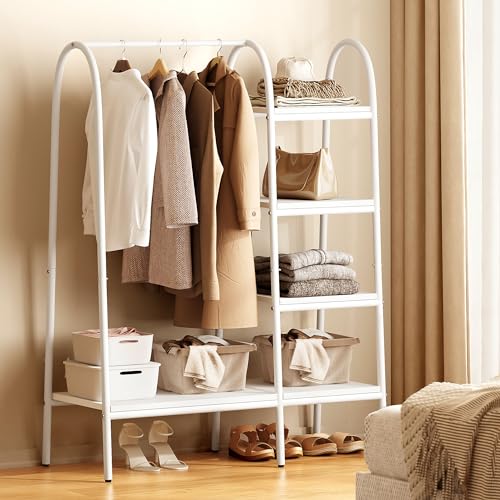 sogesfurniture Kleiderständer und Aufbewahrungsystem für Garderobe, Freistehender Kleiderständer aus Metall mit Ablageböden und Aufhängerstange, Weiß sogesfurniture Kleiderständer und Aufbewahrungsystem für Garderobe, Freistehender Kleiderständer aus Metall mit Ablageböden und Aufhängerstange, Weiß von sogesfurniture