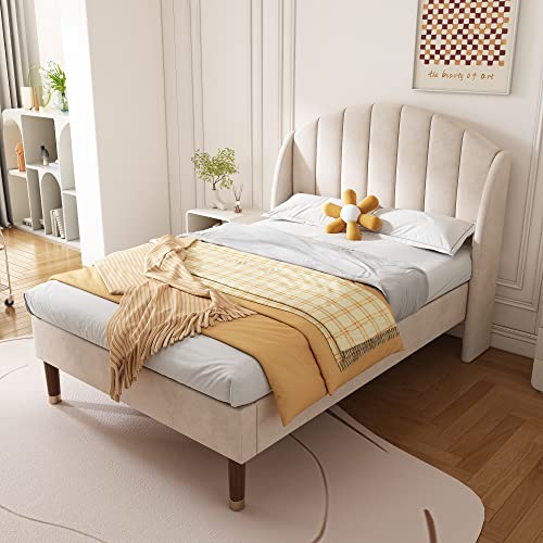 sogesfurniture Polsterbett 90x200 cm, Einzelbett, Jugendbett, Bettgestell mit Lattenrost und Kopfteil für Erwachsene und Jugendliche, Beige von sogesfurniture