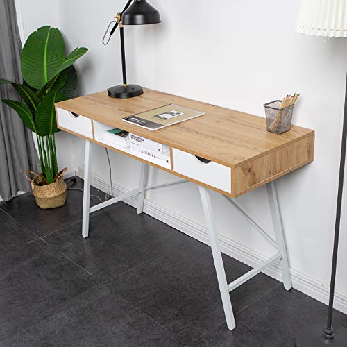 sogesfurniture Schreibtisch mit 2 Schubladen, Moderner Computertisch Bürotisch Arbeitstisch PC Laptop Tisch mit 4 Metallbeine in Weiß, 120 * 48 * 76cm, BHEU-GCBG1019 von sogesfurniture