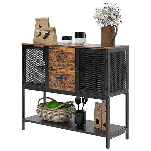 sogesfurniture Sideboard Industriestil, Küchenschrank Buffet, Aufbewahrungsschrank Konsolentisch mit 2 Schubladen, Gitterschränken, großer Ablage, 100 * 35 * 84.5cm von sogesfurniture