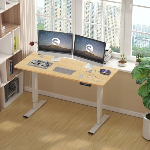 sogesfurniture höhenverstellbarer Schreibtisch elektrisch, 140x60cm Büro Arbeitstisch Comptertisch Sitz- & Stehpult, gespleißte Platte, Memory-Funktion mit 4 Höhen, Teak von sogesfurniture