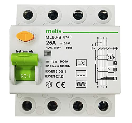 FI Schutzschalter TYP B 25A / 30mA, 4-Pol Allstromsensitiv Schalter Automat Sicherung von solar+more