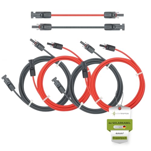 SOLARTRONICS Solarkabel Doppelpack 4x 5 Meter 4mm² H1Z2Z2-K Schwarz & Rot Solarstecker beidseitig - Verlängerungskabel 4qmm - Made in Germany - inkl. 0% MwSt. gem. § 12 Abs. 3 UStG (4x 5m) von solartronics