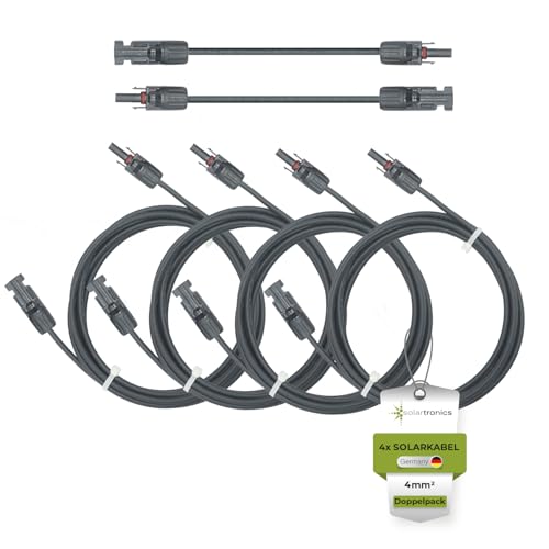 SOLARTRONICS Solarkabel Doppelpack 4x 5 Meter 4mm² H1Z2Z2-K Schwarz & Schwarz Solarstecker beidseitig - Photovoltaik Verlängerungskabel Solarleitung 4qmm - UV-beständig - Made in Germany (4x 5m) von solartronics