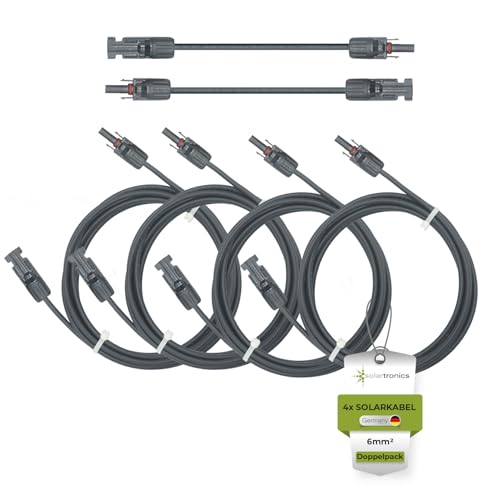 solartronics Solarkabel Doppelpack 4x 9 Meter 6mm² H1Z2Z2-K Schwarz & Schwarz Solarstecker beidseitig - Verlängerungskabel 6qmm - Made in Germany - inkl. 0% MwSt. gem. § 12 Abs. 3 UStG (4x 9m) von solartronics