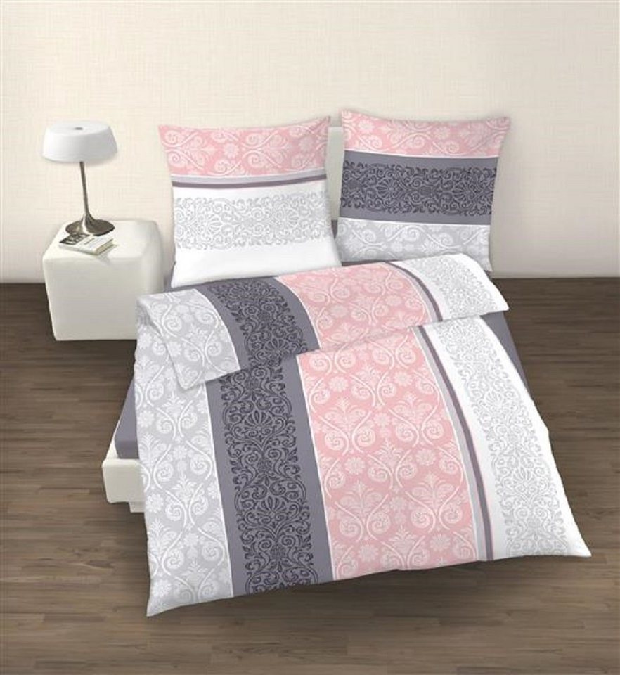 Bettwäsche Biber Bettwäsche rosa quarz grau Ornamente, soma, Baumolle, 4 teilig, Bettbezug Kopfkissenbezug Set kuschelig weich hochwertig von soma