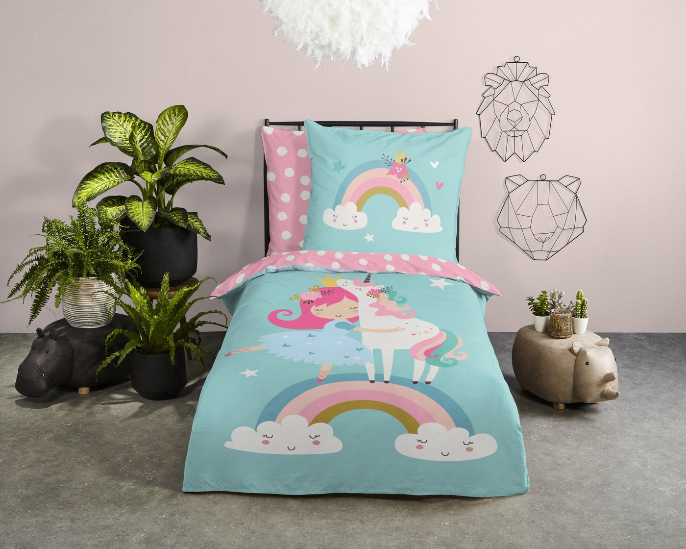 Bettwäsche Einhorn Regenbogen Prinzessin hellblau rosa, soma, Baumolle, 2 teilig, Bettbezug Kopfkissenbezug Set kuschelig weich hochwertig von soma