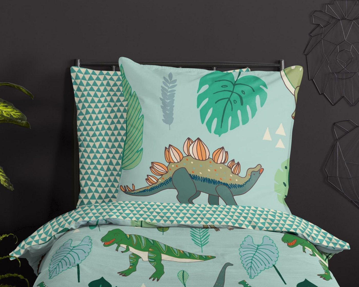 Bettwäsche Pastell Dino Dinosaurier grün Mint Dreieck, soma, Baumolle, 2 teilig, Bettbezug Kopfkissenbezug Set kuschelig weich hochwertig von soma