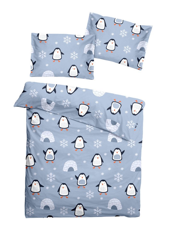 soma Babybettwäsche Baby Flanell Set Pinguin Winter 100x135 cm Blau inkl. 40x60 cm, Flanell, 2 teilig, Winter-Flanell Pinguin-Babybettwäsche Baumwolle weihnachtsbettwäsche von soma